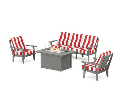 POLYWOOD® Prairie Deep Seating Fire Pit Table Set in Slate Grey / Cabana Stripe Crimson