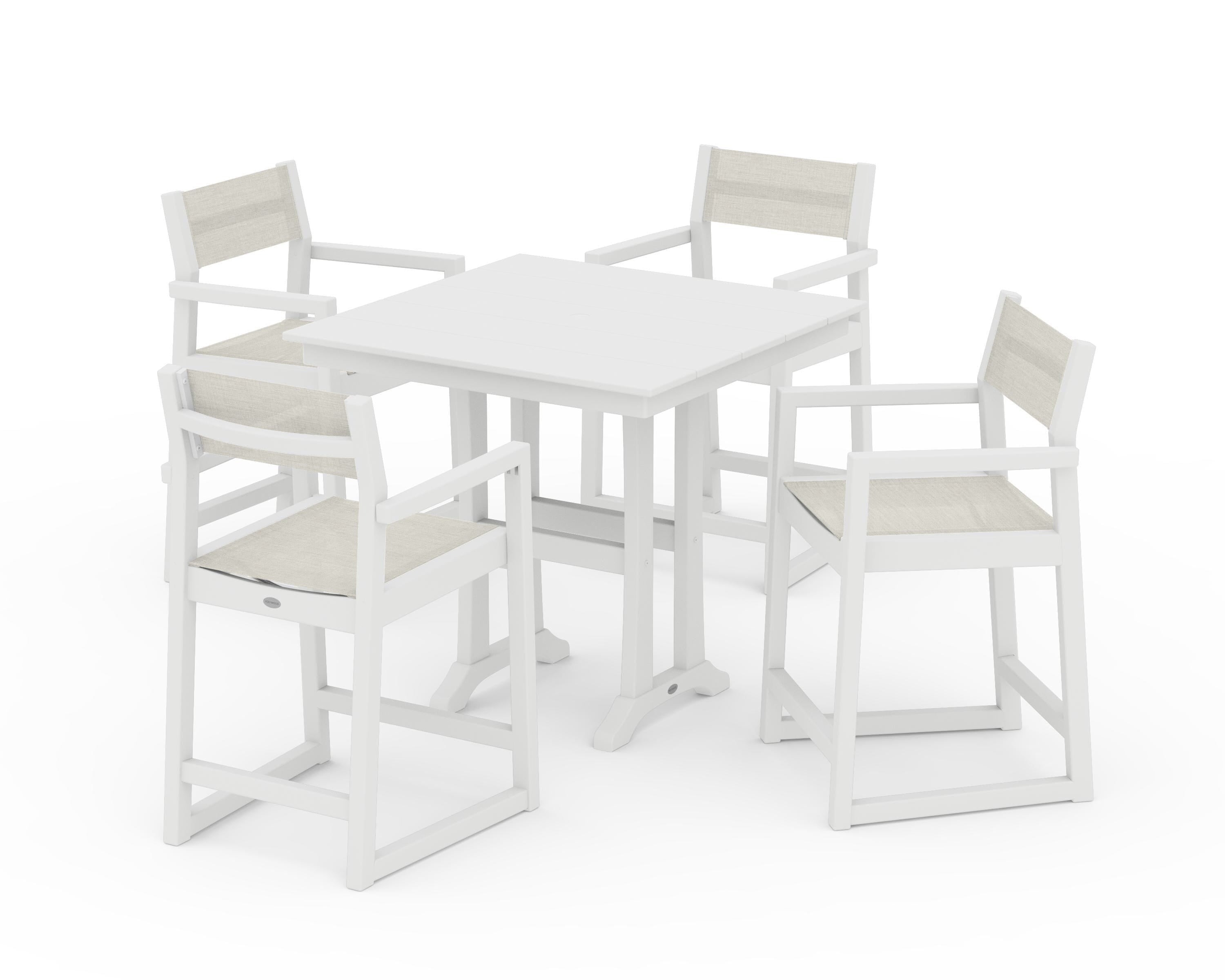 POLYWOOD® EDGE Sling Arm Chair 5-Piece Farmhouse Counter Set with Trestle Legs in White / Parchment Sling
