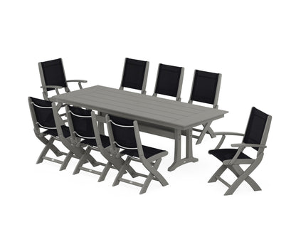 POLYWOOD® Coastal 9-Piece Folding Dining Chair Farmhouse Dining Set with Trestle Legs in Slate Grey / Black Sling