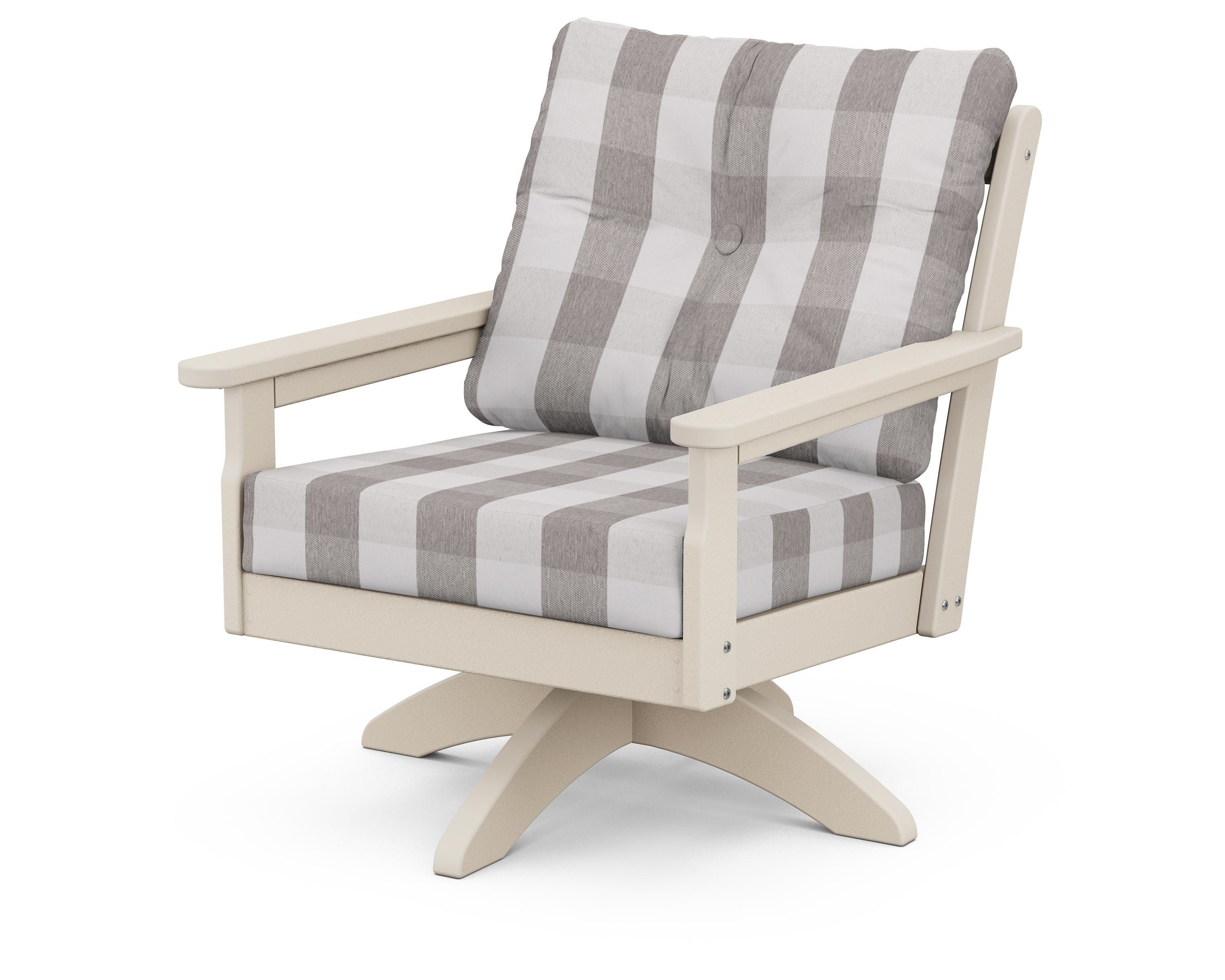 POLYWOOD® Vineyard Deep Seating Swivel Chair in Sand / Buffalo Plaid Grey Mist