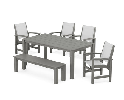POLYWOOD® Coastal 6-Piece Parsons Dining Set with Bench in Slate Grey / White Sling