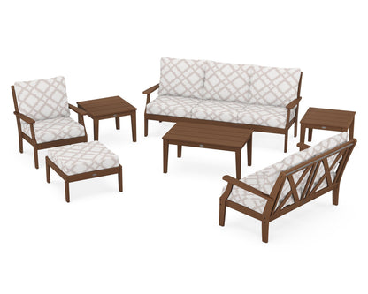 POLYWOOD® Braxton 7-Piece Deep Seating Set in Teak / Trellis Dune Burlap