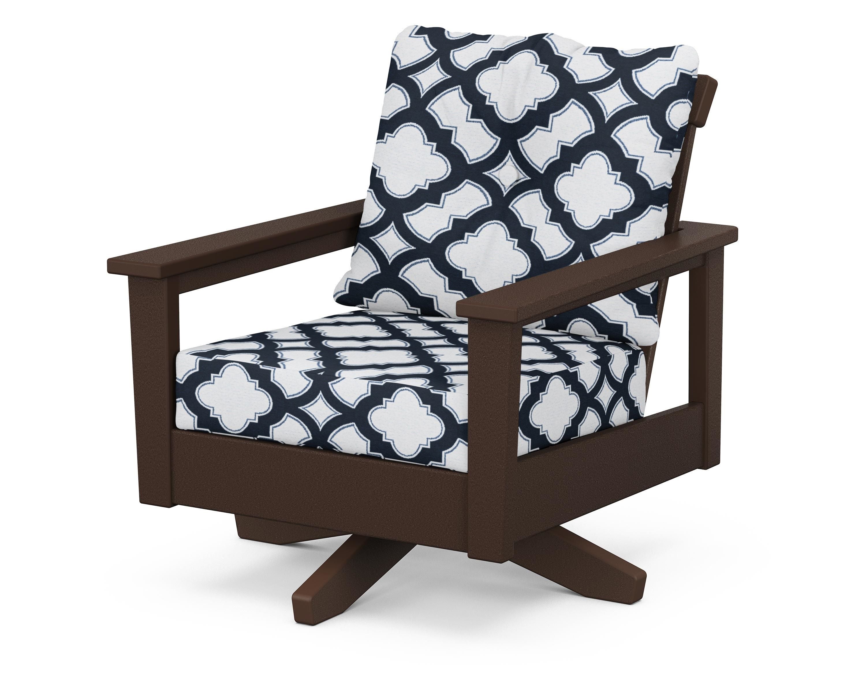 POLYWOOD® Prescott Deep Seating Swivel Chair in Mahogany / Trellis Marine Indigo