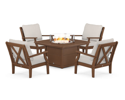 POLYWOOD® Braxton 5-Piece Deep Seating Conversation Set with Fire Pit Table in Teak / Cast Ash