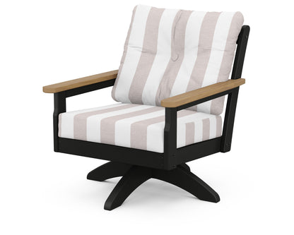 POLYWOOD® Vineyard Deep Seating Swivel Chair in Black / Natural / Cabana Stripe Dune Burlap