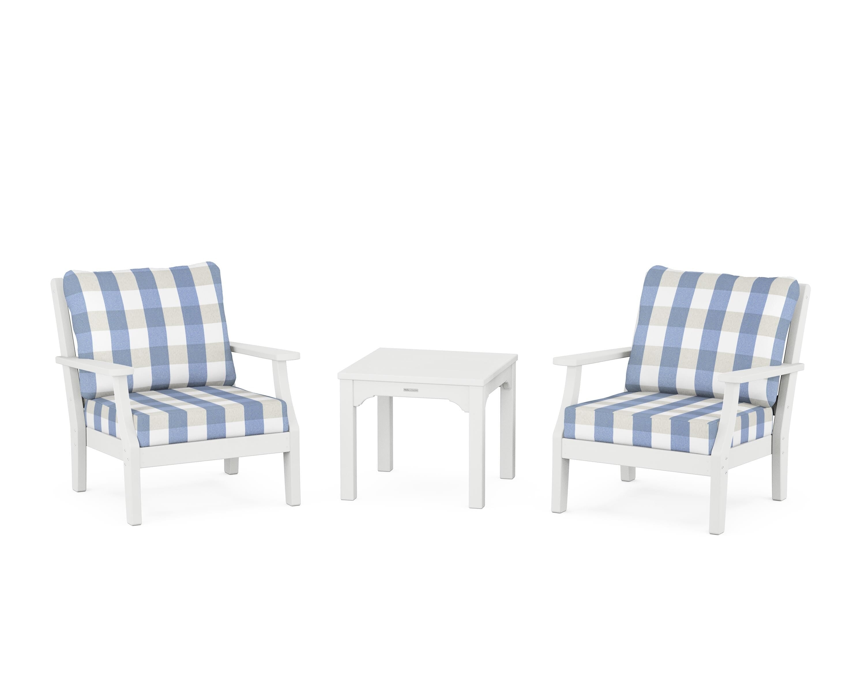 Martha Stewart by POLYWOOD® Chinoiserie 3-Piece Deep Seating Set in White / Buffalo Plaid Sky Blue