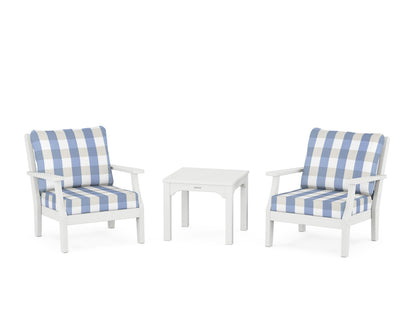 Martha Stewart by POLYWOOD® Chinoiserie 3-Piece Deep Seating Set in White / Buffalo Plaid Sky Blue