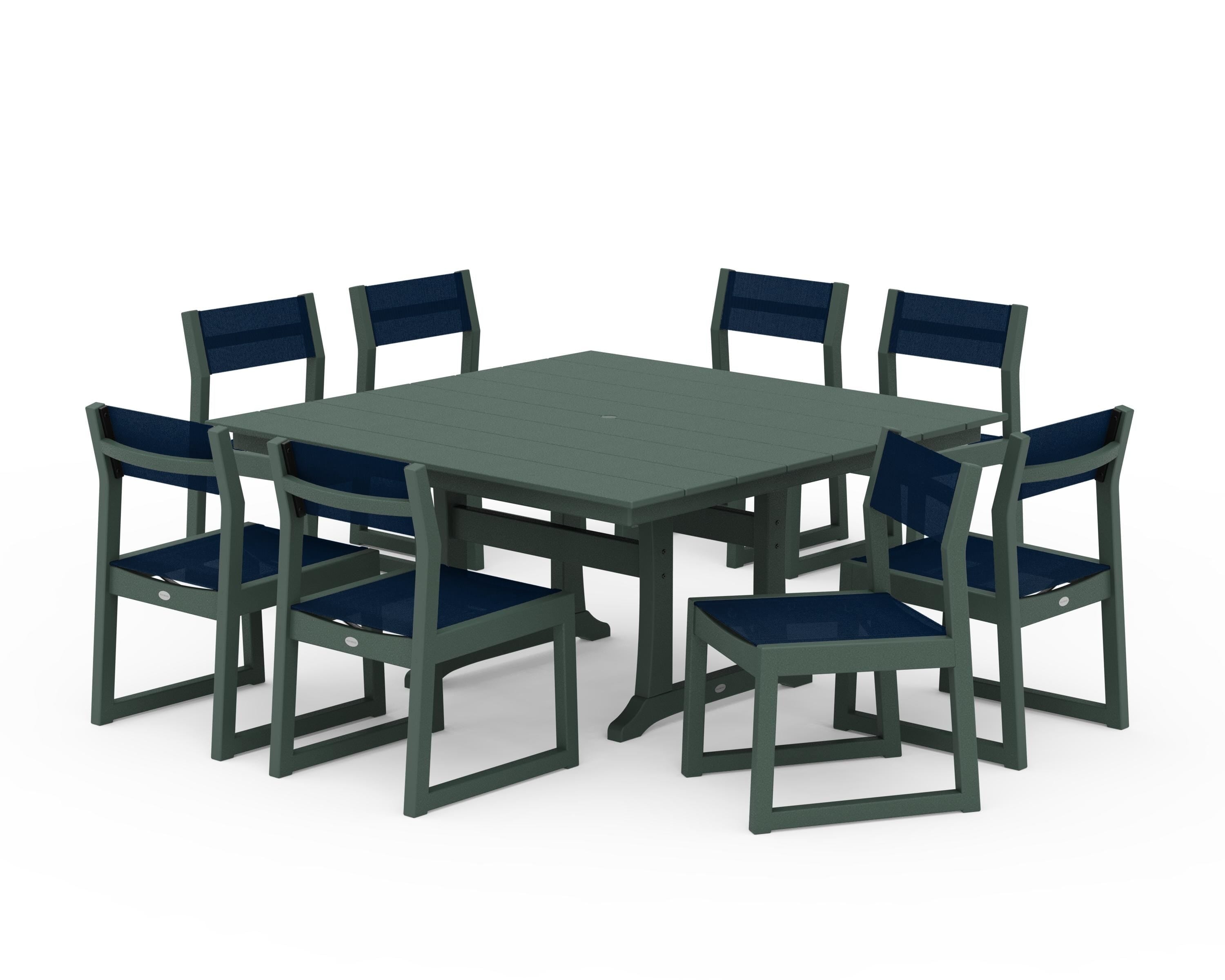 POLYWOOD® EDGE Sling Side Chair 9-Piece Farmhouse Trestle Dining Set in Green / Navy Blue Sling