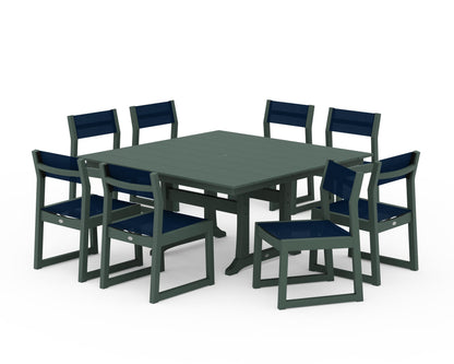 POLYWOOD® EDGE Sling Side Chair 9-Piece Farmhouse Trestle Dining Set in Green / Navy Blue Sling