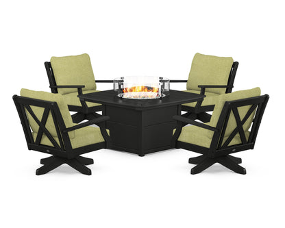 POLYWOOD® Braxton 5-Piece Deep Seating Swivel Conversation Set with Fire Pit Table in Black / Chartreuse Boucle