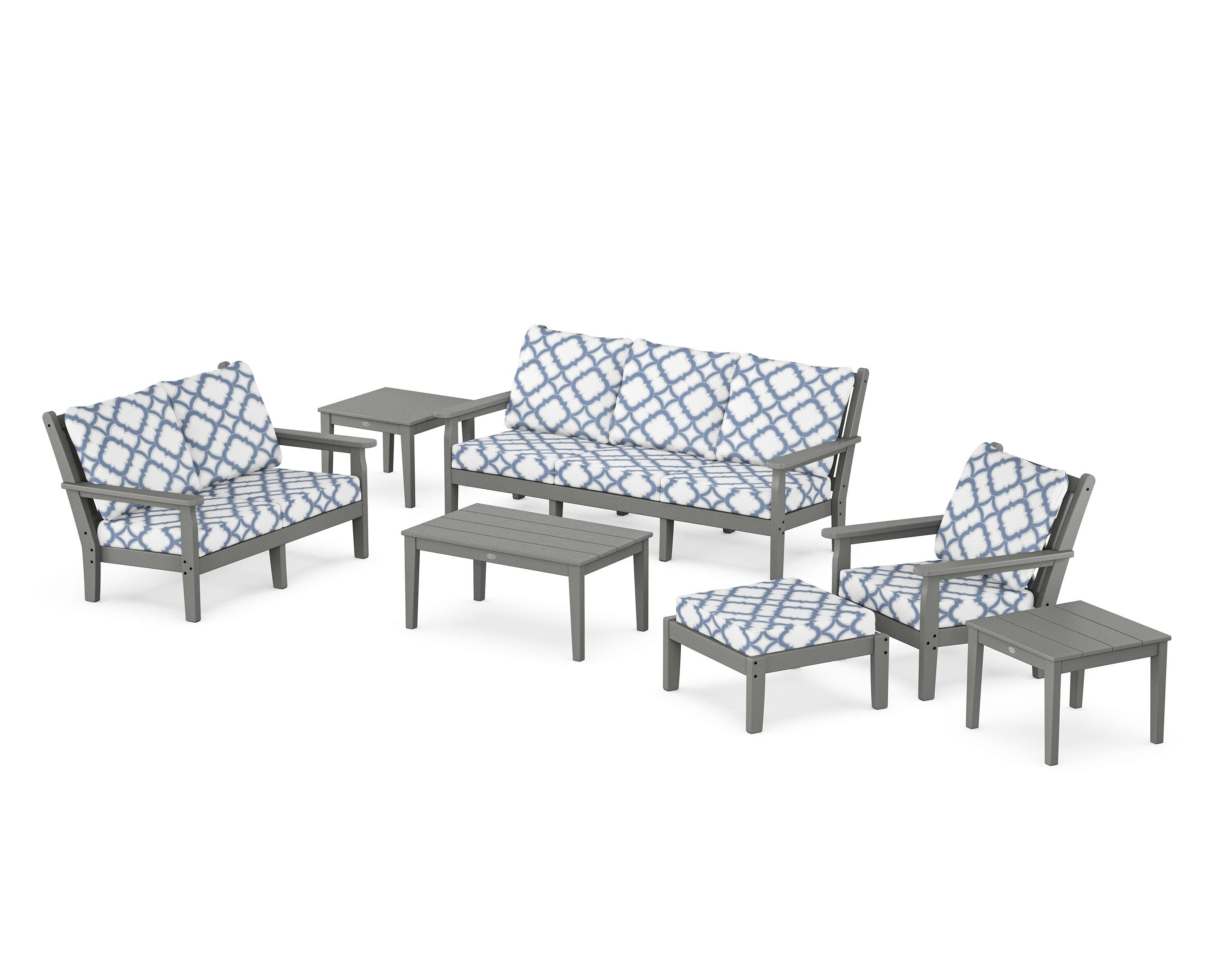 POLYWOOD® Chippendale 7-Piece Deep Seating Set in Slate Grey / Trellis Sky Blue
