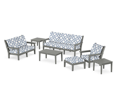 POLYWOOD® Chippendale 7-Piece Deep Seating Set in Slate Grey / Trellis Sky Blue