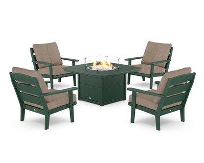 POLYWOOD® Lakeside 5-Piece Deep Seating Set with Nautical Fire Pit Table in Green / Spiced Burlap