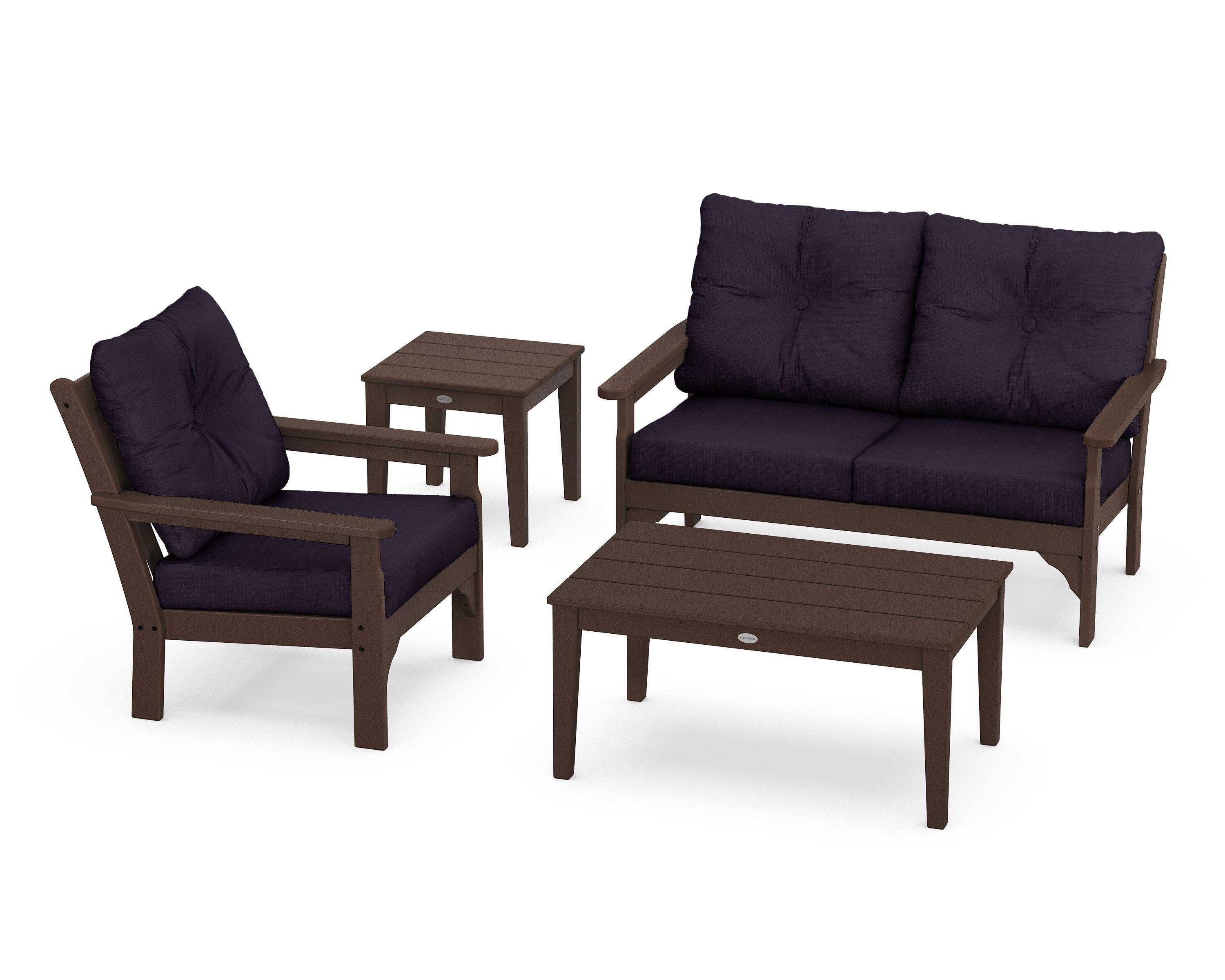 POLYWOOD® Vineyard 4-Piece Deep Seating Set in Mahogany / Navy Linen