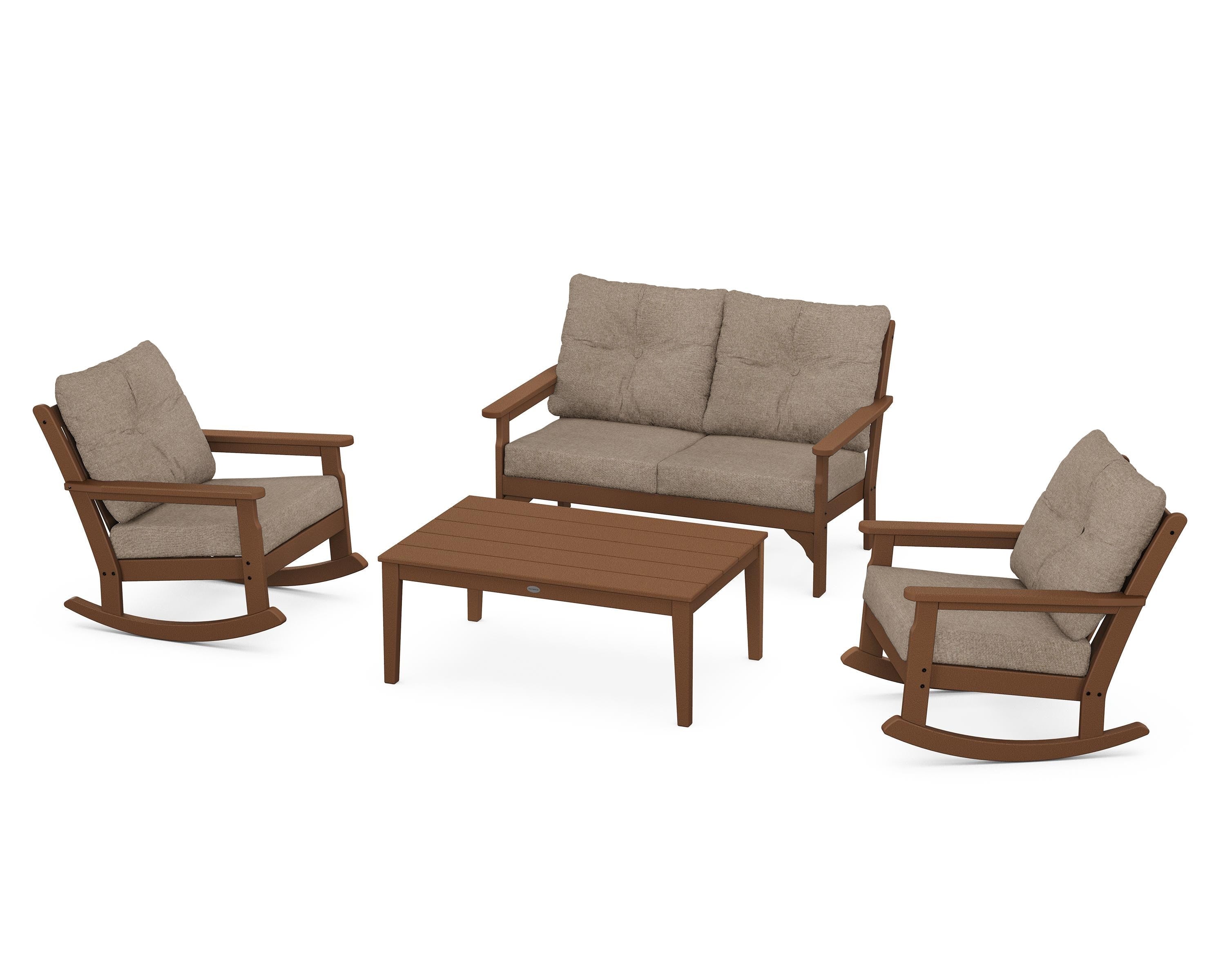 POLYWOOD® Vineyard 4-Piece Deep Seating Rocking Chair Set in Teak / Spiced Burlap