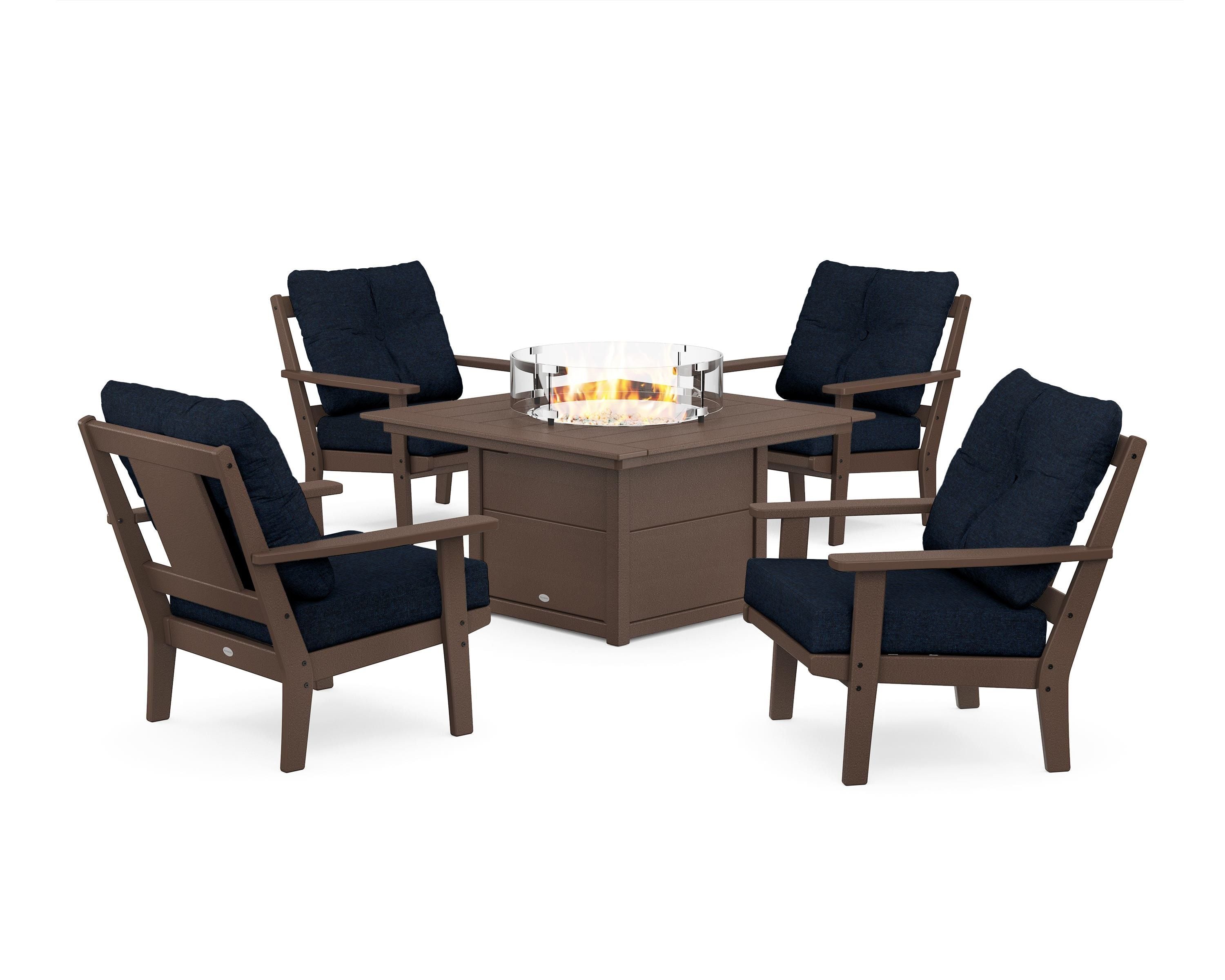 POLYWOOD® Prairie 5-Piece Deep Seating Set with Fire Pit Table in Mahogany / Marine Indigo