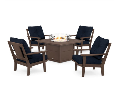 POLYWOOD® Prairie 5-Piece Deep Seating Set with Fire Pit Table in Mahogany / Marine Indigo