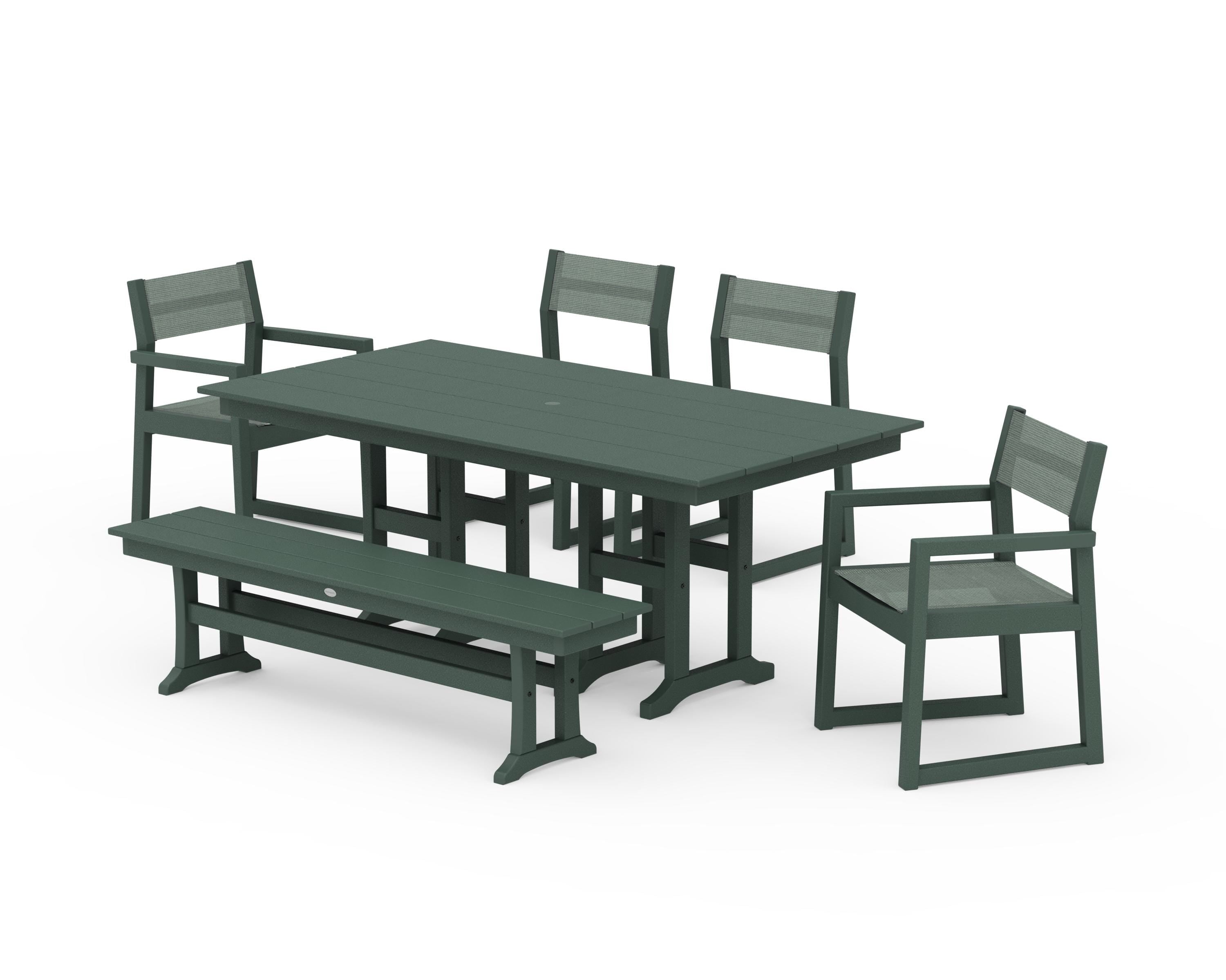 POLYWOOD® EDGE Sling 6-Piece Farmhouse Dining Set in Green / Dupioni Sea Mist Sling