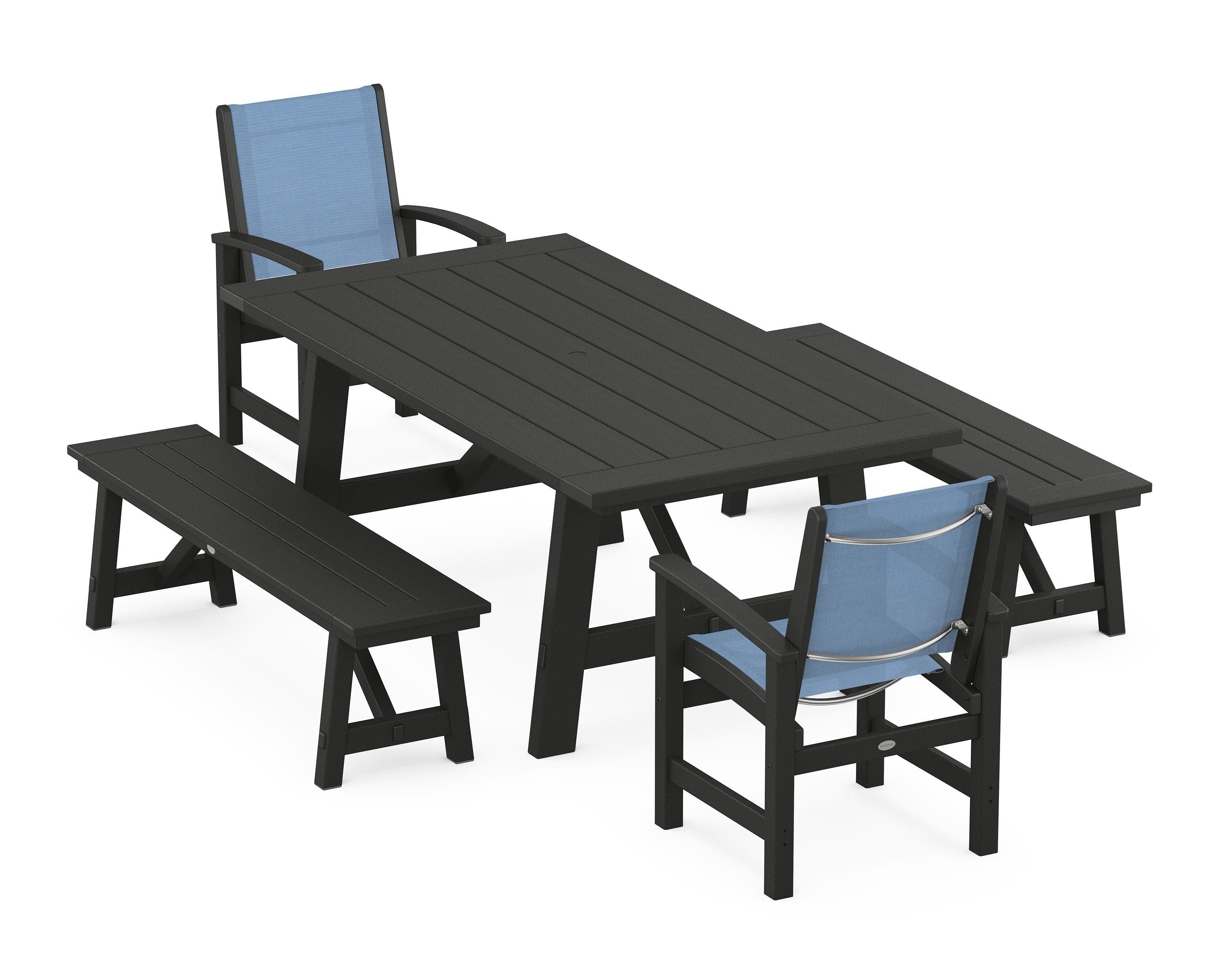 POLYWOOD® Coastal 5-Piece Rustic Farmhouse Dining Set With Benches in Black / Poolside Sling