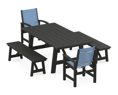 POLYWOOD® Coastal 5-Piece Rustic Farmhouse Dining Set With Benches in Black / Poolside Sling