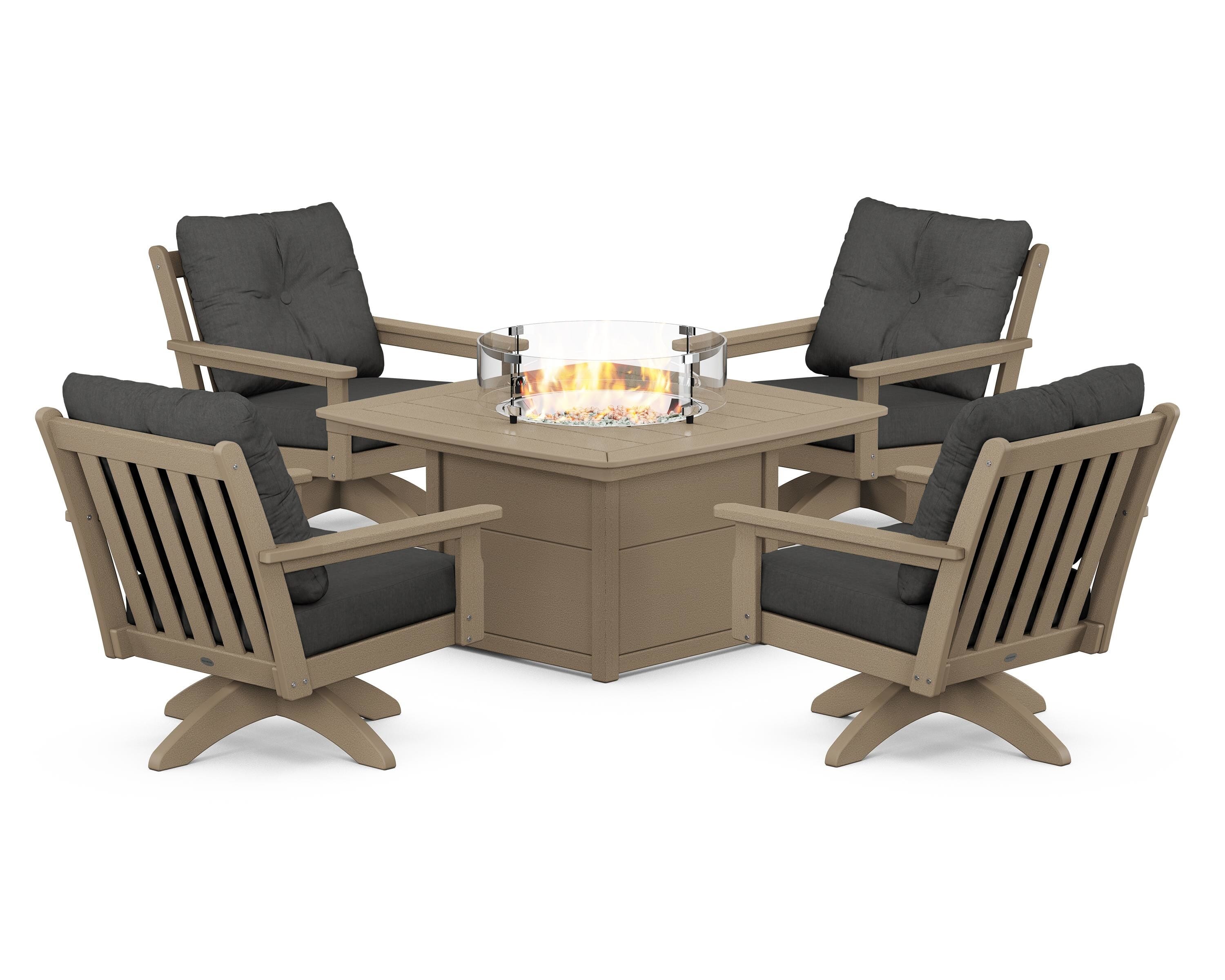 POLYWOOD® Vineyard 5-Piece Deep Seating Swivel Conversation Set with Fire Pit Table in Vintage Sahara / Spectrum Carbon