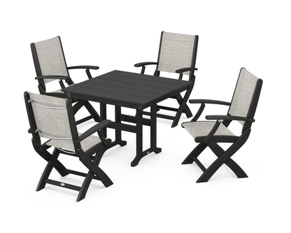 POLYWOOD® Coastal Folding Chair 5-Piece Farmhouse Dining Set in Black / Birch Sling