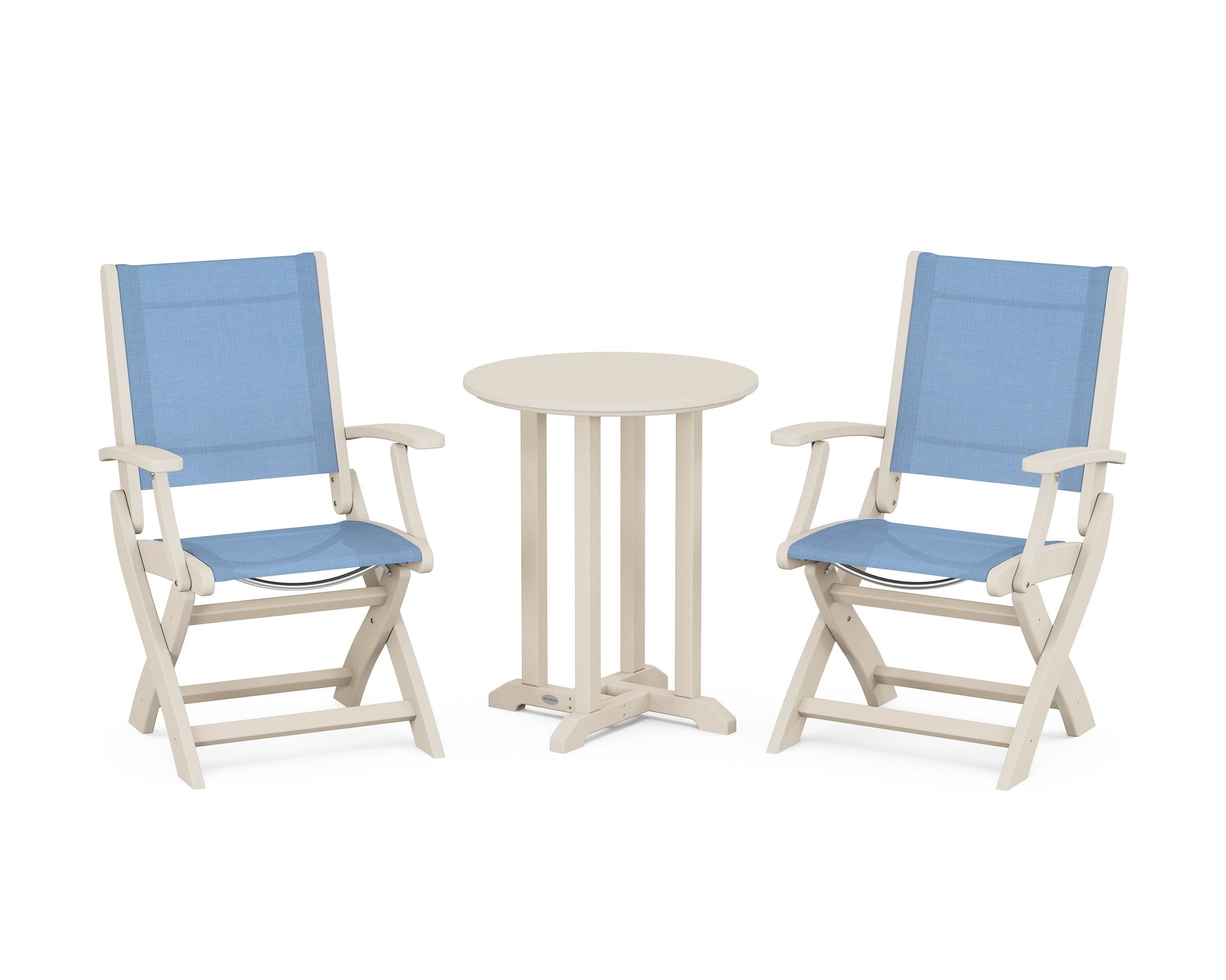 POLYWOOD® Coastal Folding 3-Piece Round Bistro Dining Set in Sand / Poolside Sling