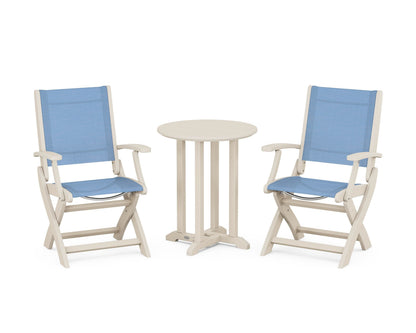 POLYWOOD® Coastal Folding 3-Piece Round Bistro Dining Set in Sand / Poolside Sling