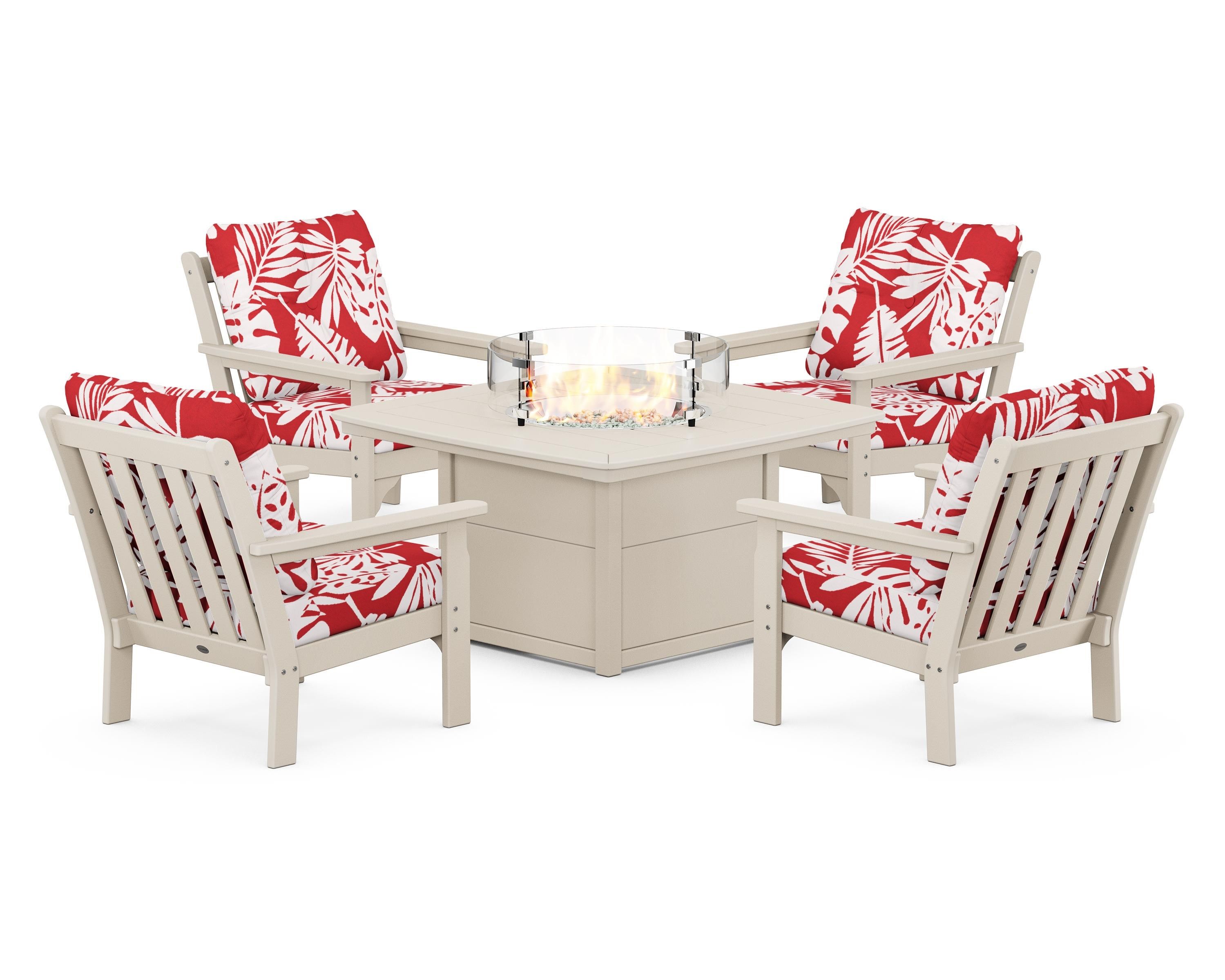 POLYWOOD® Vineyard 5-Piece Conversation Set with Fire Pit Table in Sand / Leaf Crimson