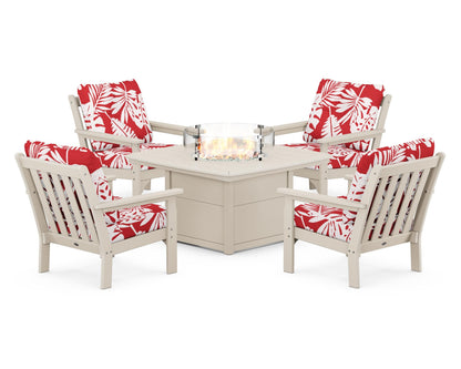 POLYWOOD® Vineyard 5-Piece Conversation Set with Fire Pit Table in Sand / Leaf Crimson