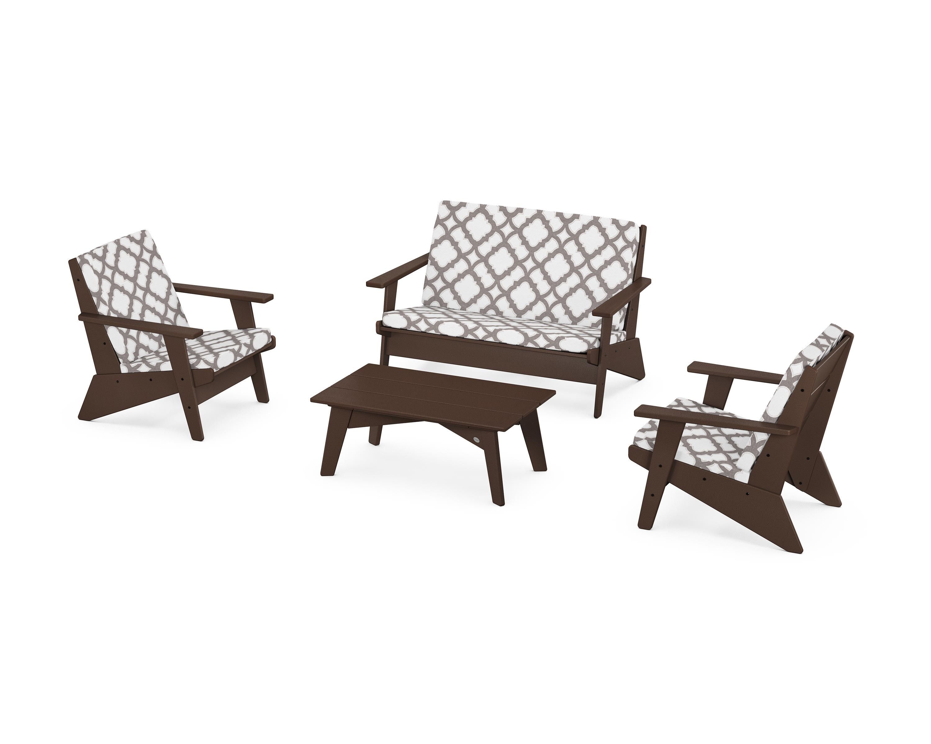 POLYWOOD® Riviera Modern Lounge 4-Piece Set in Mahogany / Trellis Grey Mist