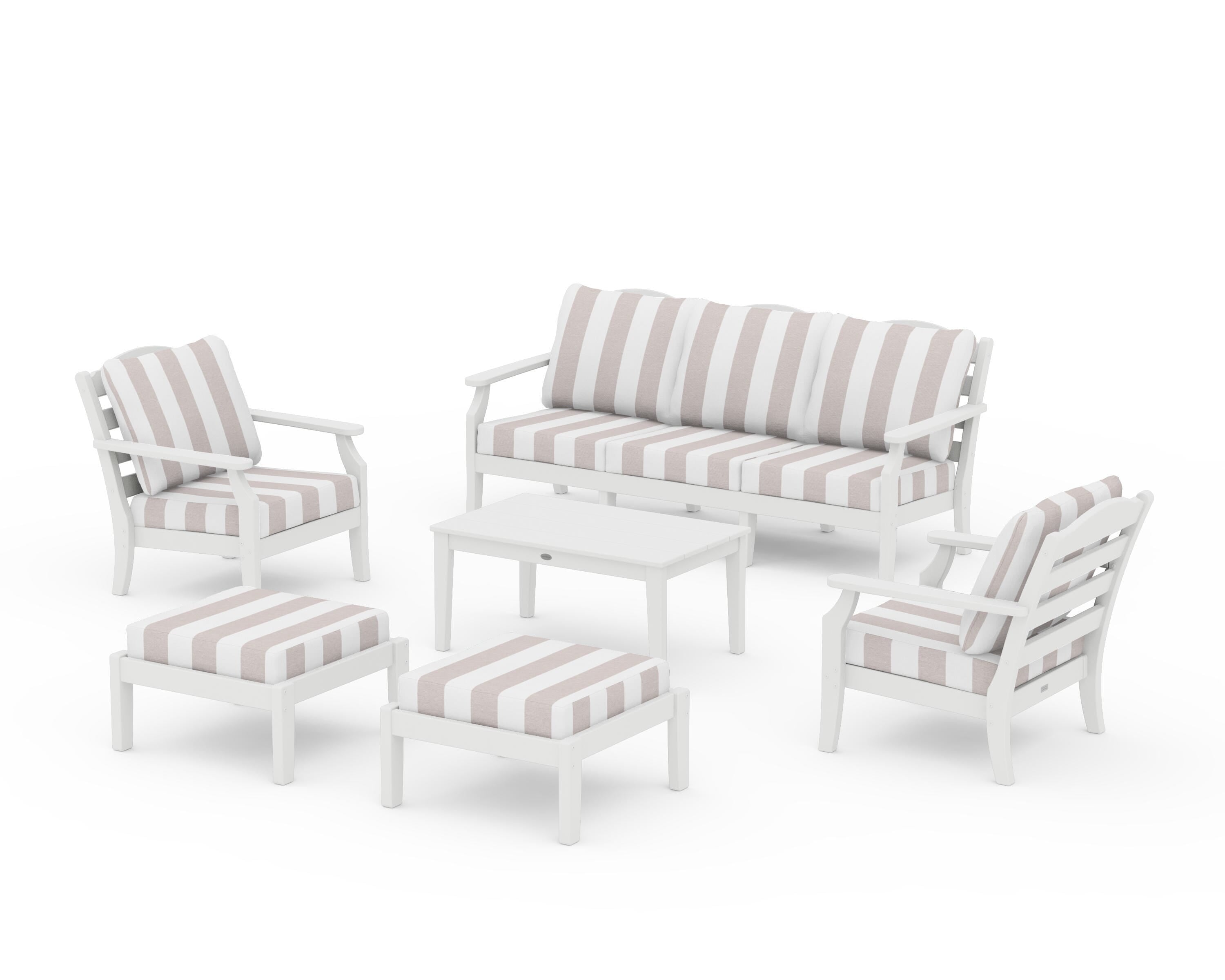 Draper James™ by  POLYWOOD® Savannah 6-Piece Lounge Sofa Set in White / Cabana Stripe Dune Burlap