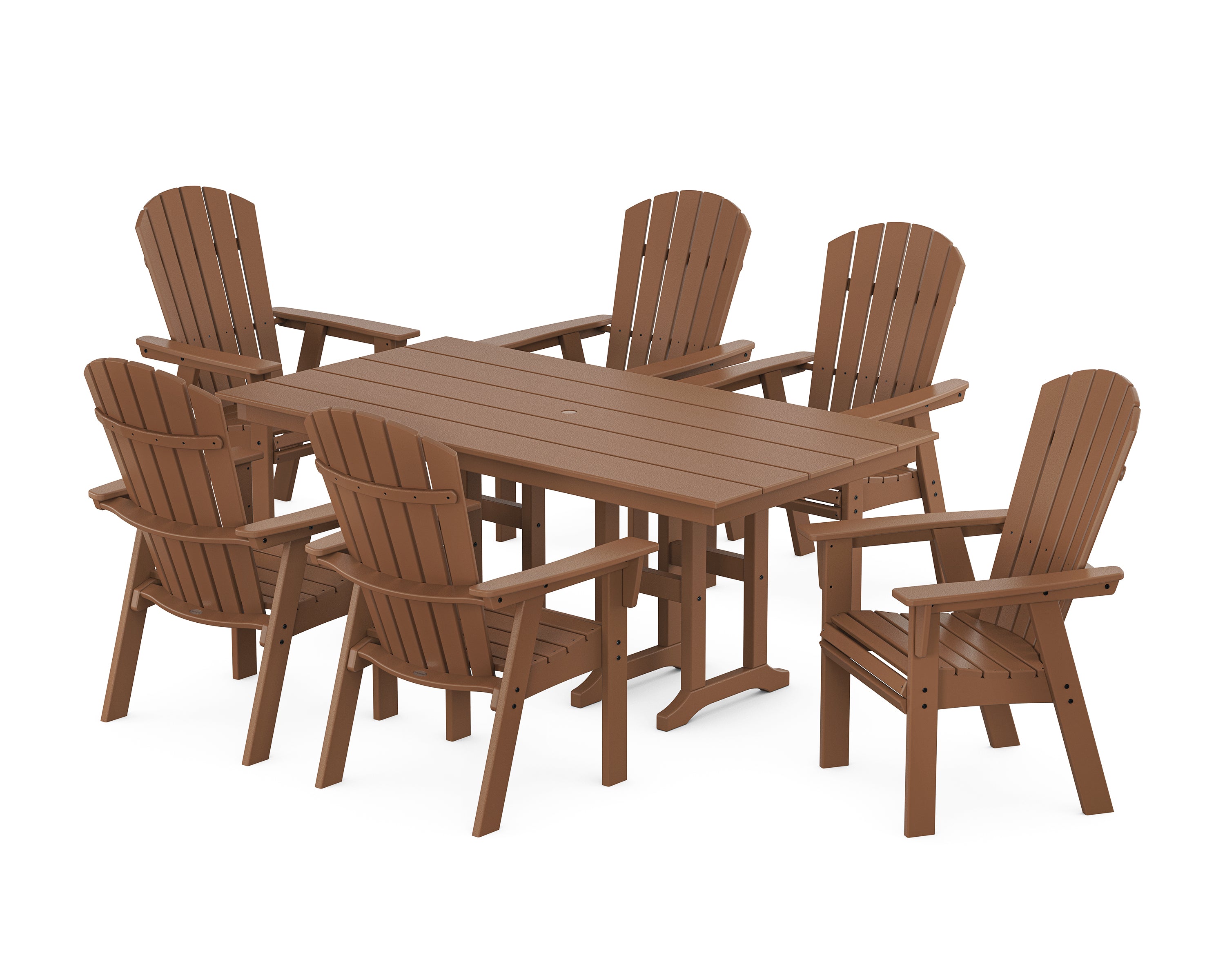 POLYWOOD® Nautical Curveback Adirondack 7-Piece Farmhouse Dining Set in Teak