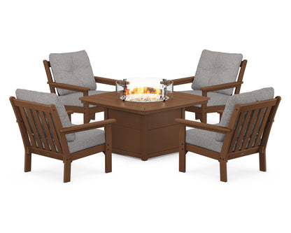 POLYWOOD® Vineyard 5-Piece Conversation Set with Fire Pit Table in Teak / Grey Mist
