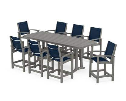 POLYWOOD® Coastal 9-Piece Counter Set with Trestle Legs in Slate Grey / Navy Blue Sling