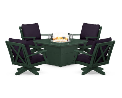 POLYWOOD® Braxton 5-Piece Deep Seating Swivel Conversation Set with Fire Pit Table in Green / Navy Linen