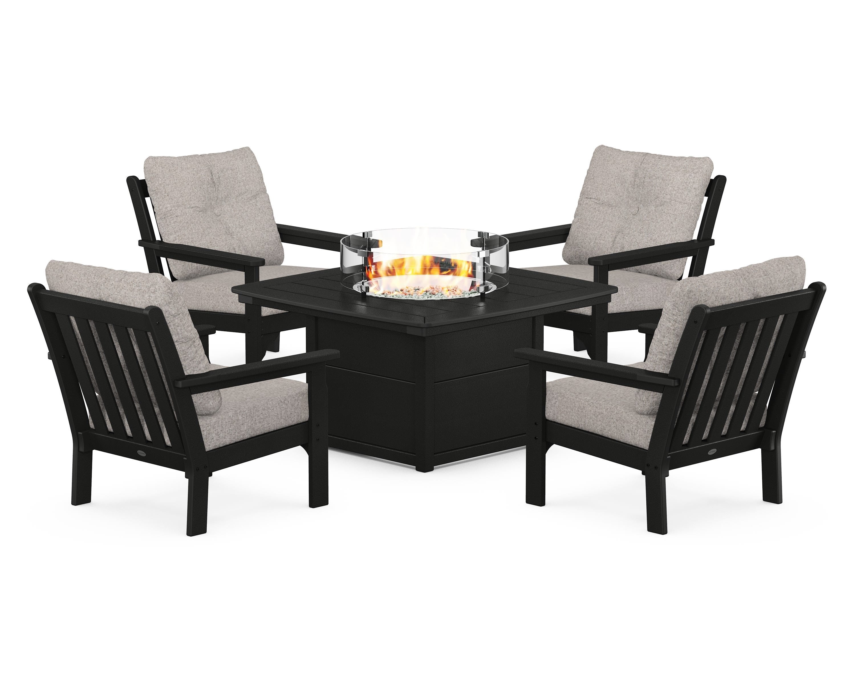 POLYWOOD® Vineyard 5-Piece Conversation Set with Fire Pit Table in Black / Weathered Tweed