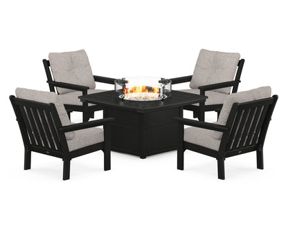 POLYWOOD® Vineyard 5-Piece Conversation Set with Fire Pit Table in Black / Weathered Tweed