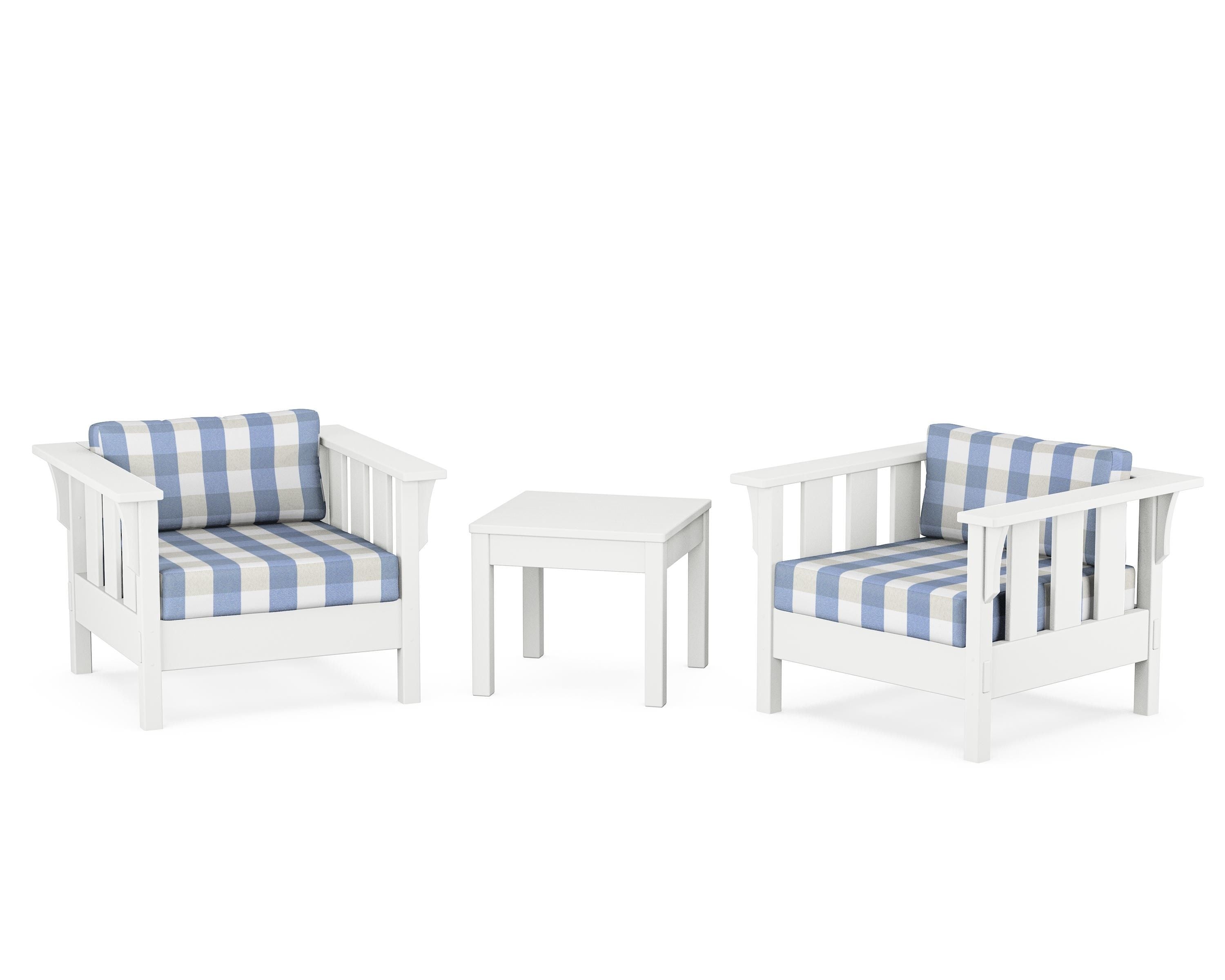 Martha Stewart by POLYWOOD® Acadia 3-Piece Deep Seating Set in White / Buffalo Plaid Sky Blue