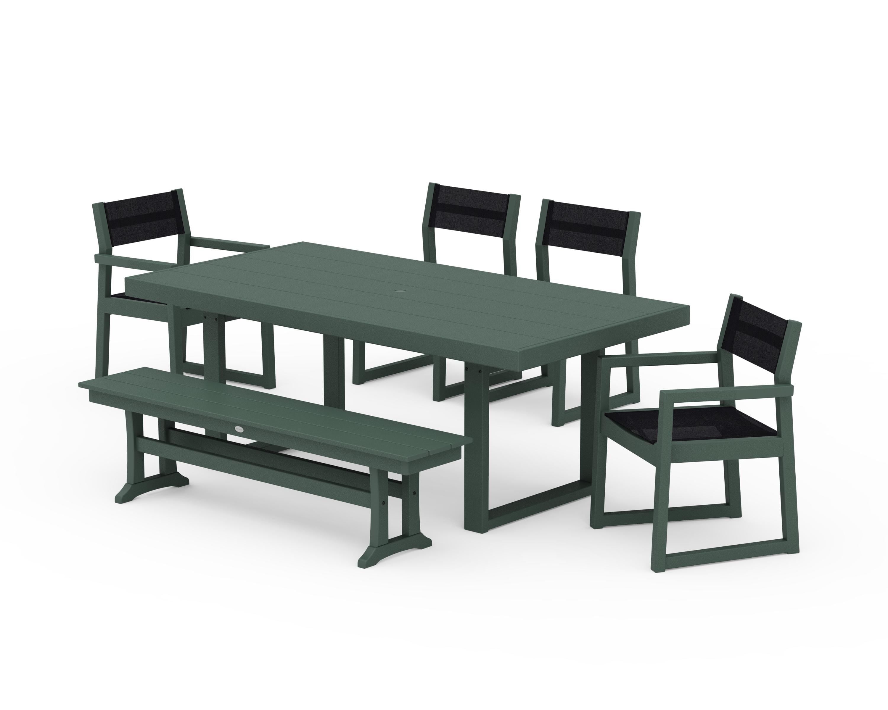 POLYWOOD® EDGE Sling 6-Piece Dining Set with Bench in Green / Black Sling