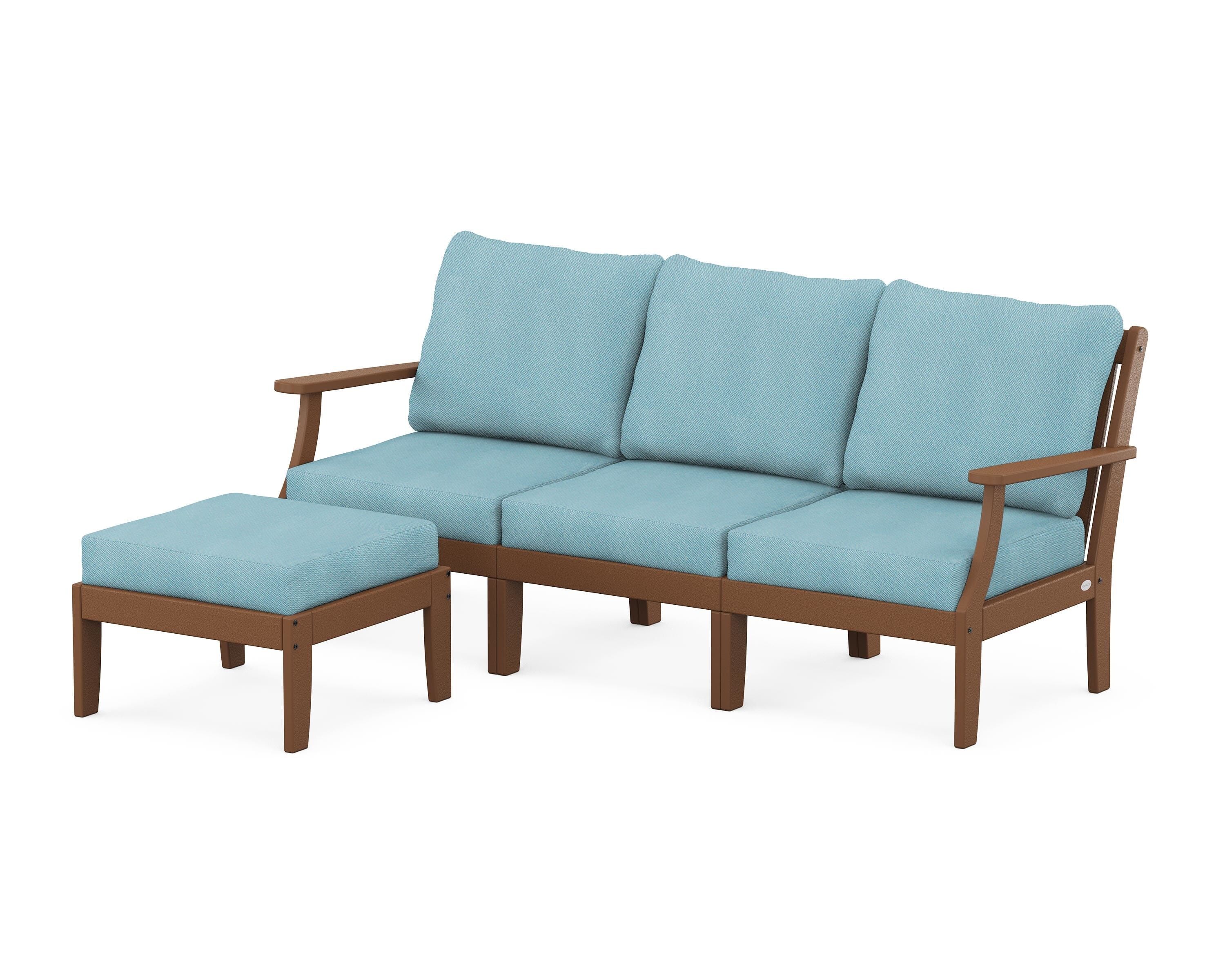 POLYWOOD® Braxton Modular 4-Piece Deep Seating Set with Ottoman in Teak / Lattice Sky Blue
