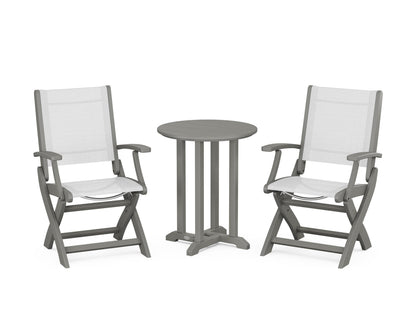 POLYWOOD® Coastal Folding 3-Piece Round Bistro Dining Set in Slate Grey / White Sling