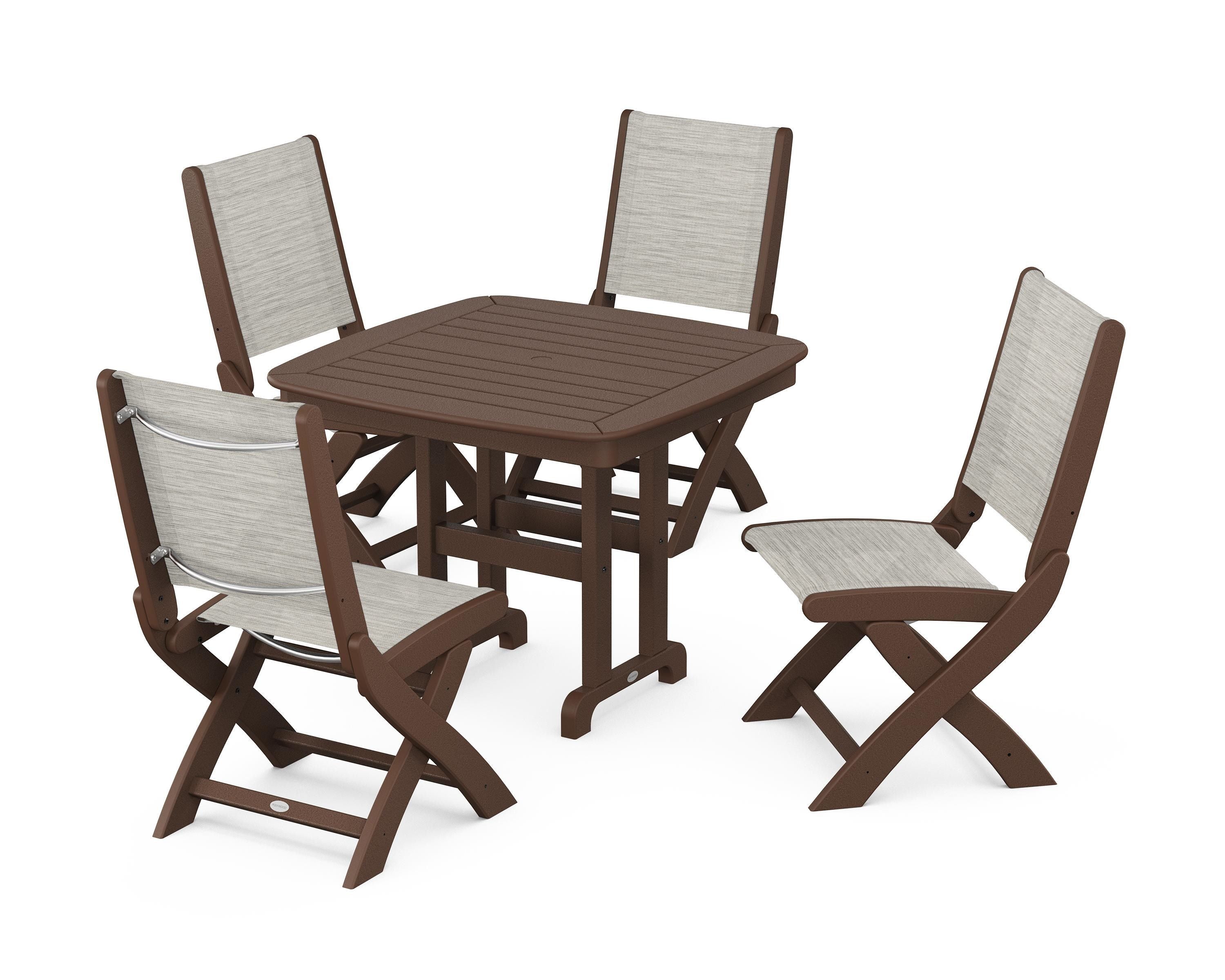 POLYWOOD® Coastal Folding Side Chair 5-Piece Dining Set in Mahogany / Birch Sling