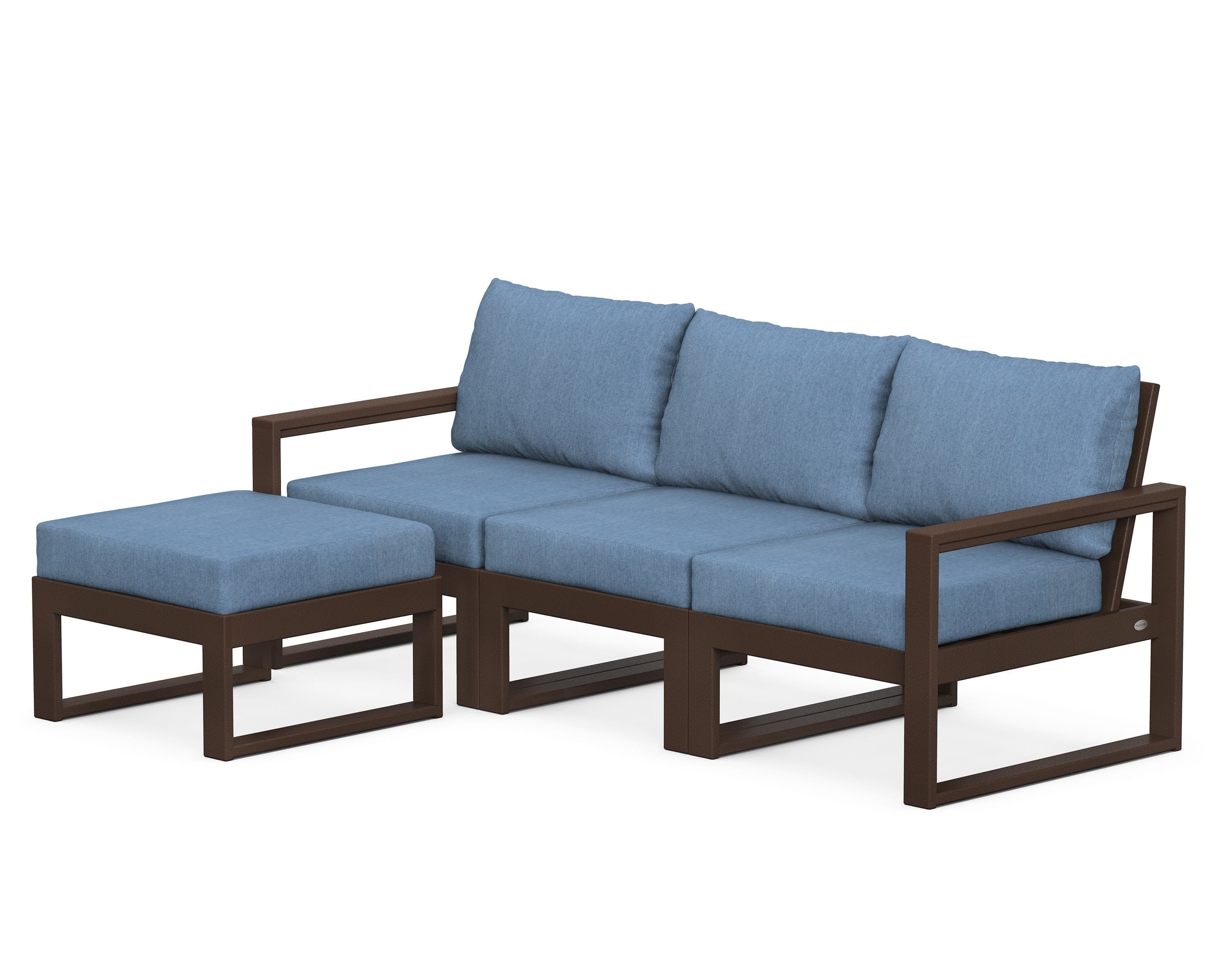 POLYWOOD® EDGE 4-Piece Modular Deep Seating Set with Ottoman in Mahogany / Sky Blue