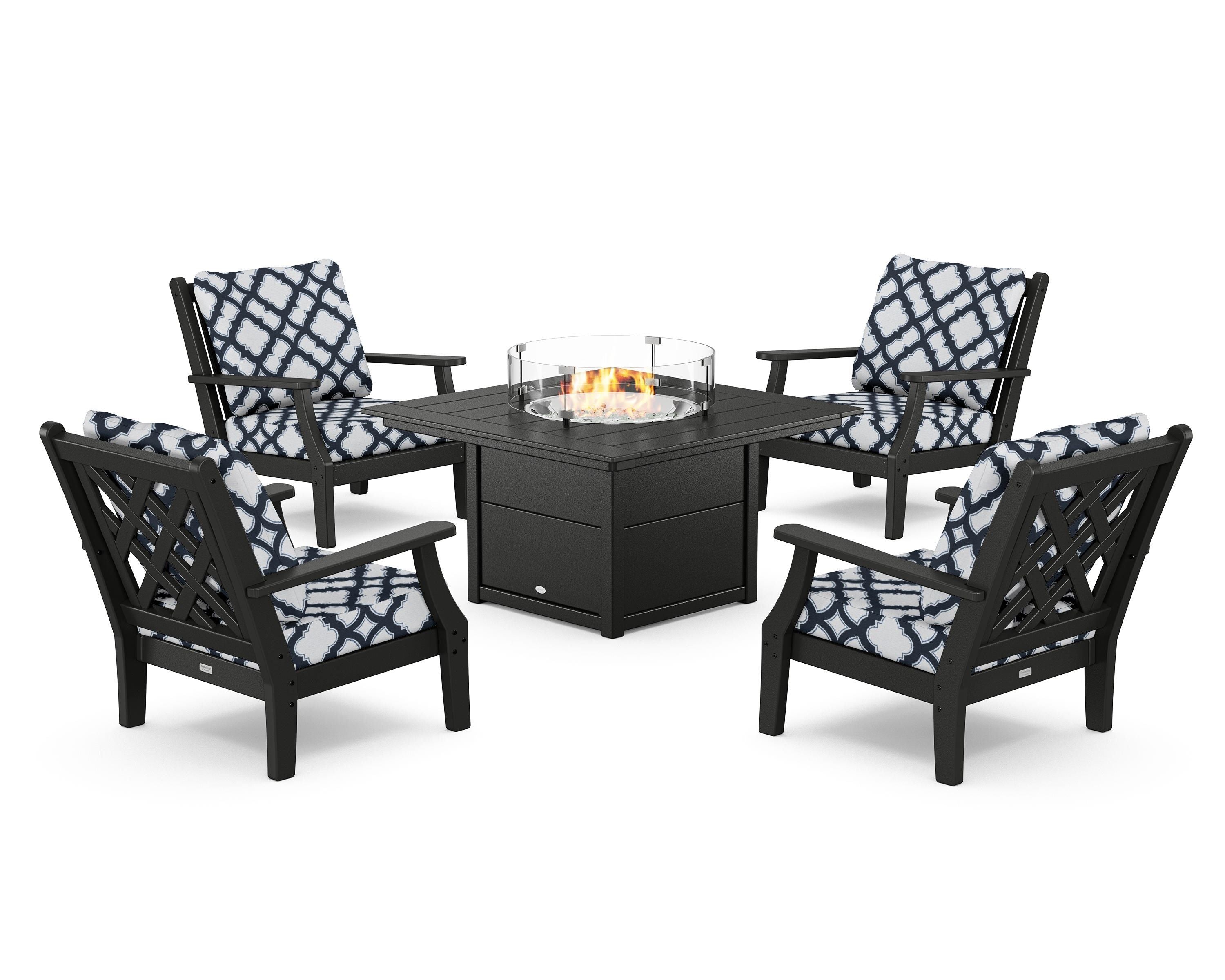 Country Living Wovendale 5-Piece Deep Seating Set with Fire Pit Table in Black / Trellis Marine Indigo