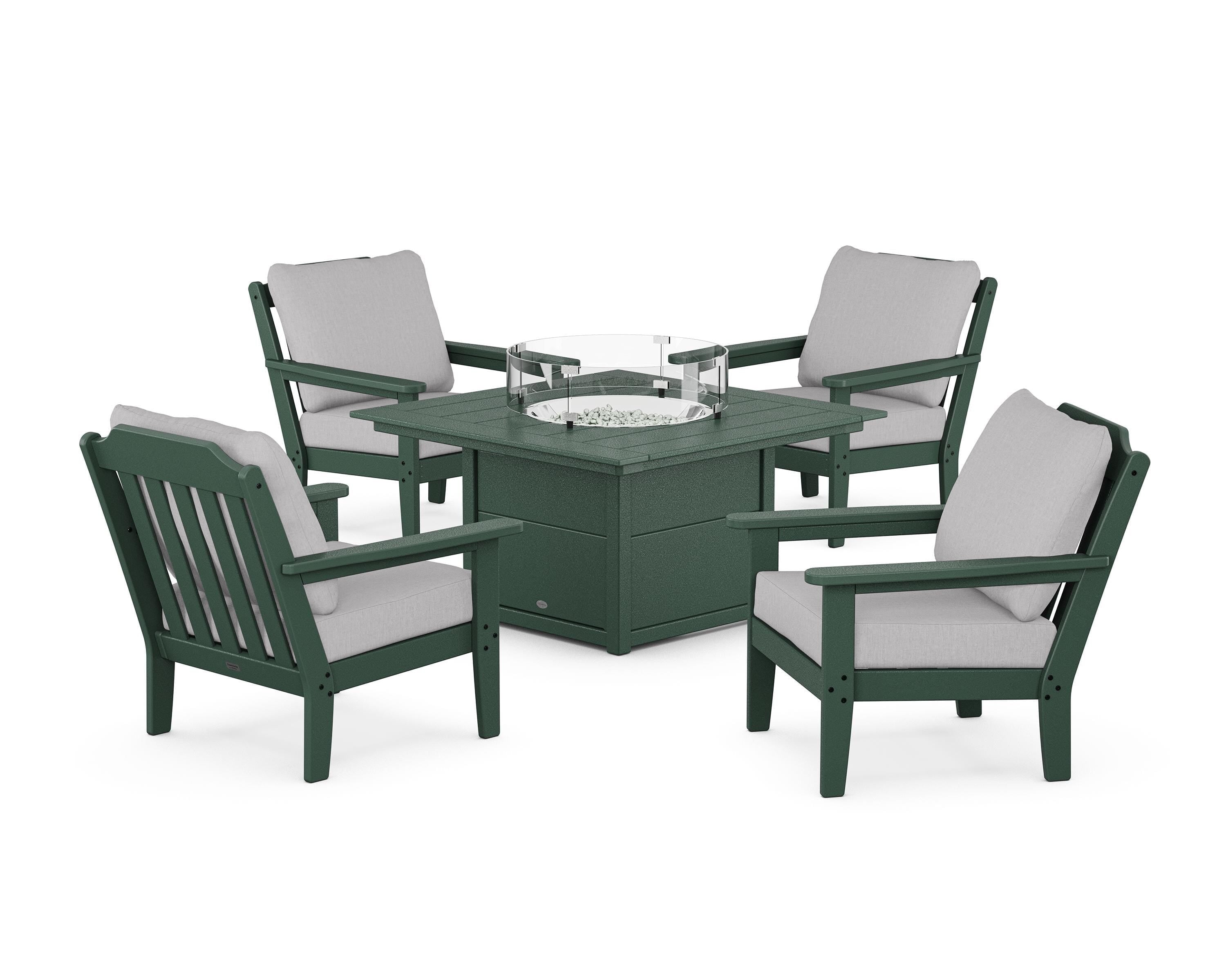 Country Living Cottage 5-Piece Deep Seating Set with Fire Pit Table in Green / Granite