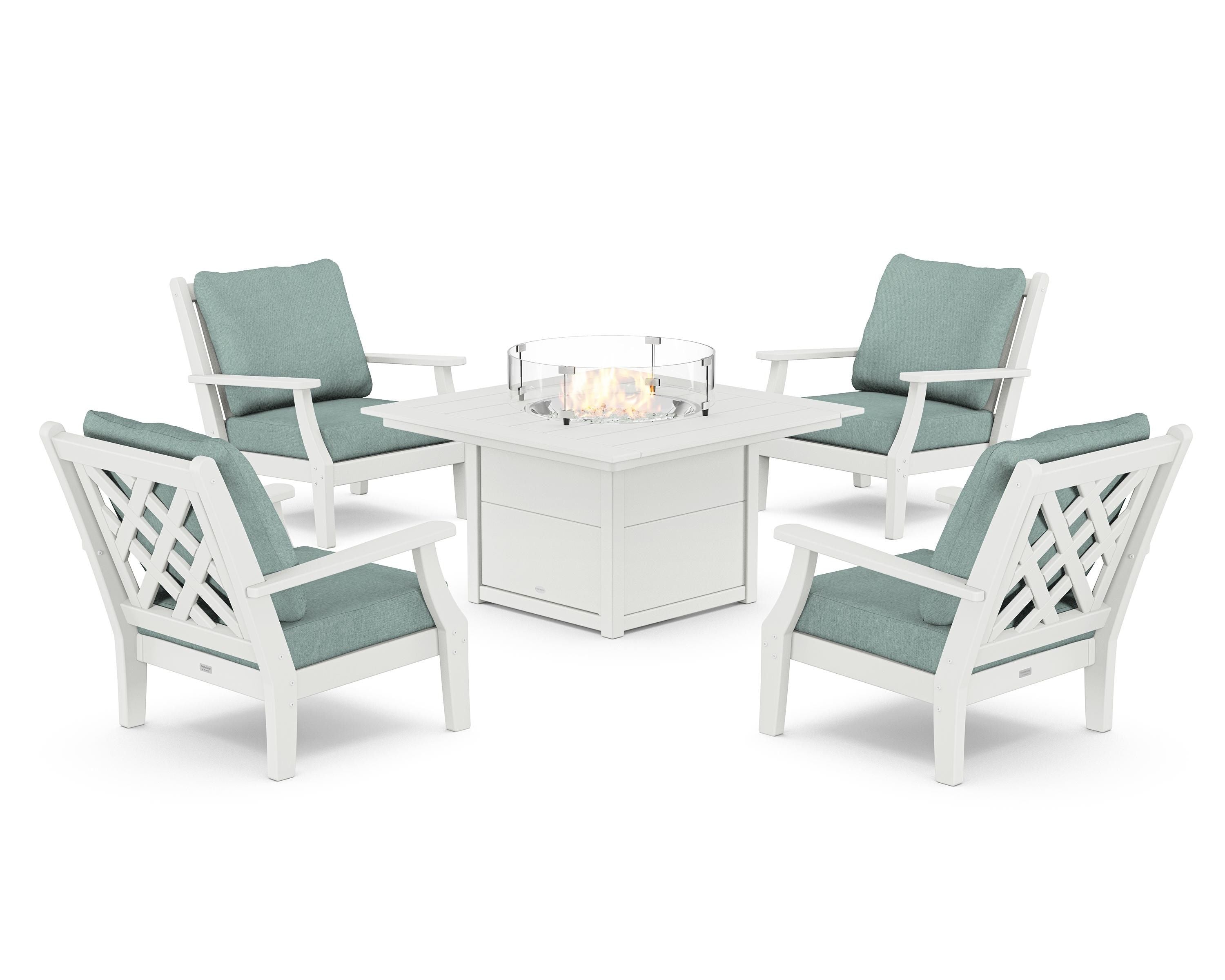 Country Living Wovendale 5-Piece Deep Seating Set with Fire Pit Table in White / Glacier Spa