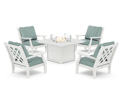 Country Living Wovendale 5-Piece Deep Seating Set with Fire Pit Table in White / Glacier Spa