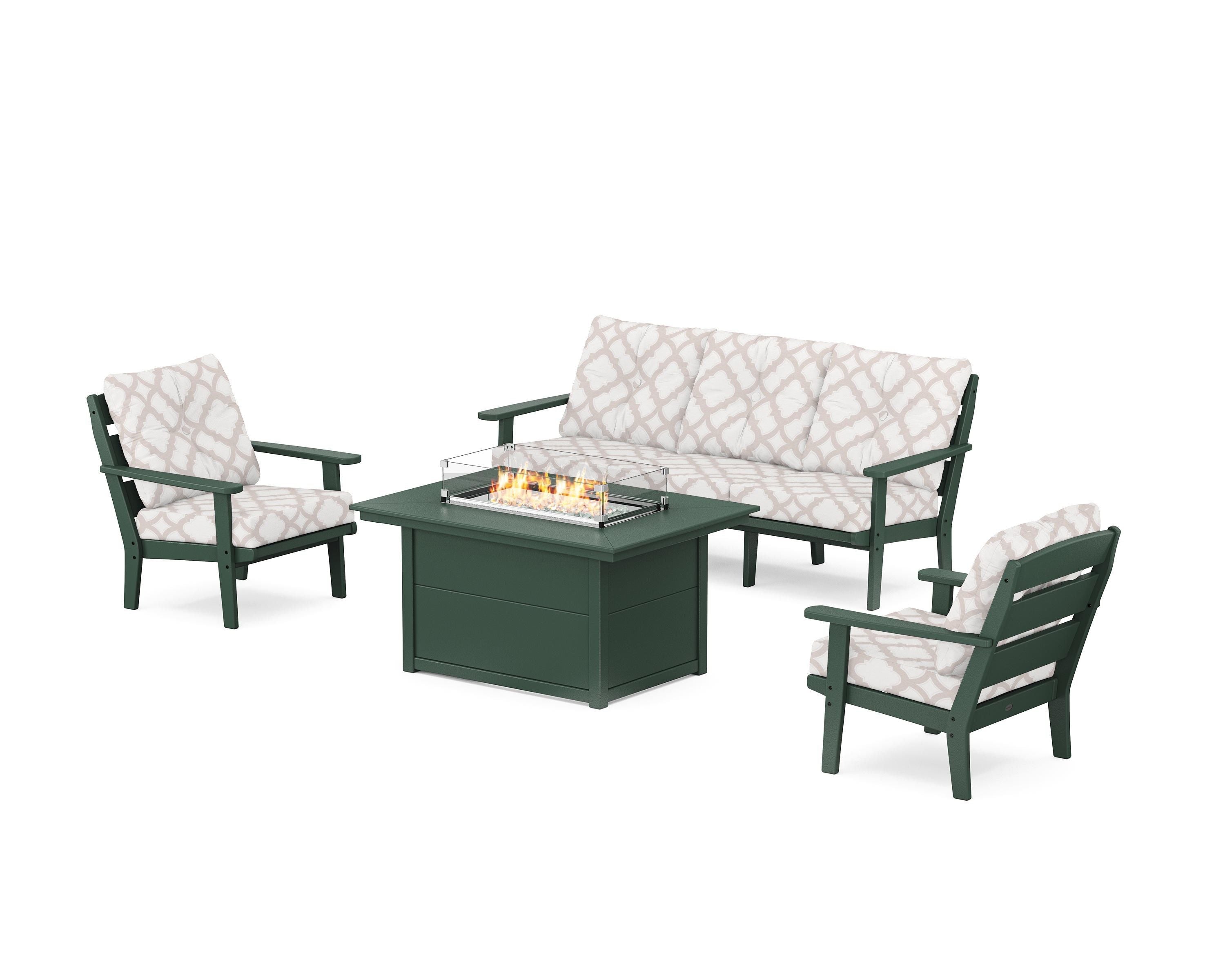 POLYWOOD® Lakeside Deep Seating Fire Pit Table Set in Green / Trellis Dune Burlap