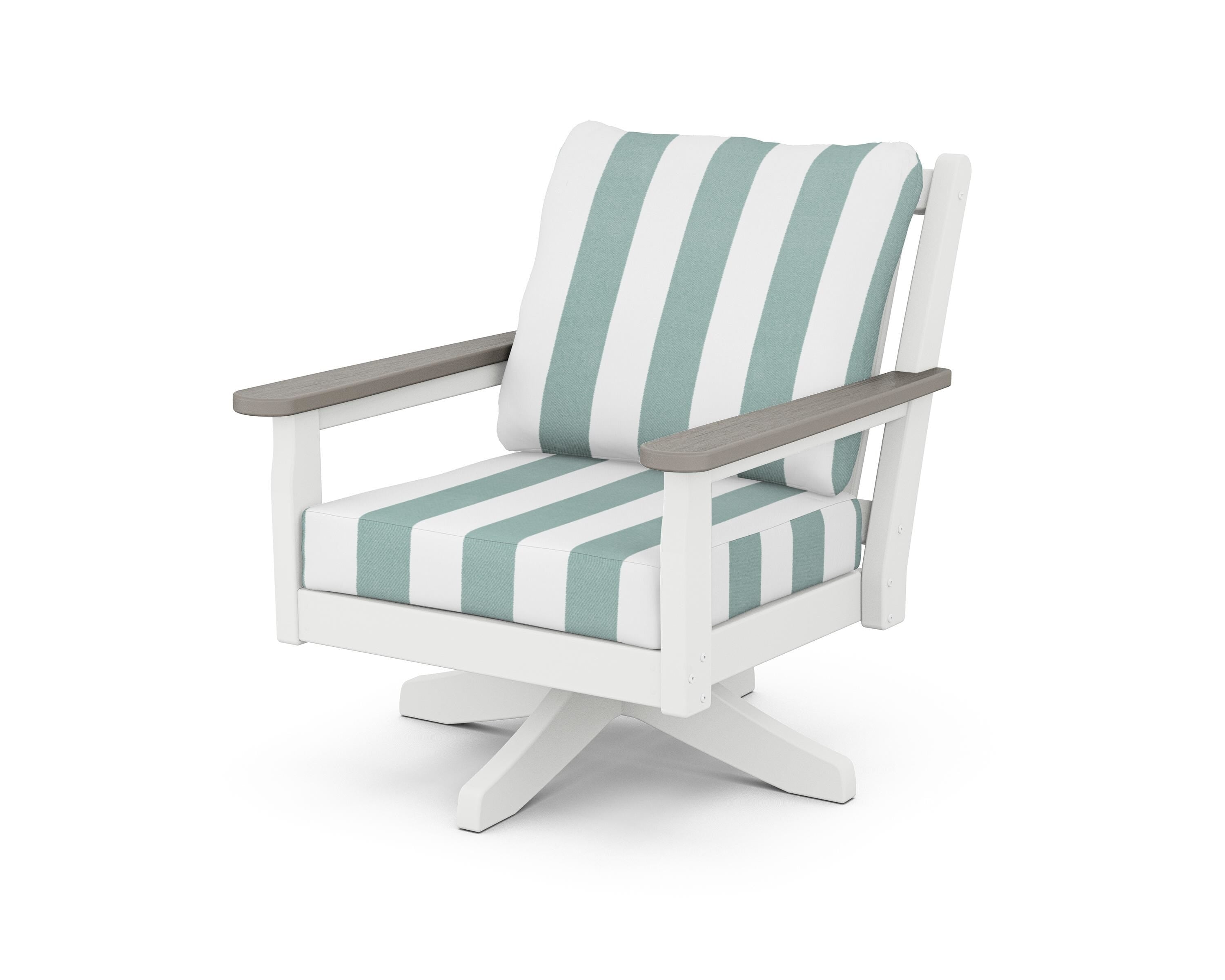 POLYWOOD® Chippendale Deep Seating Swivel Chair in White / Driftwood / Cabana Stripe Glacier Spa